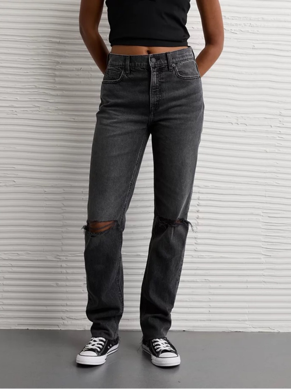 American Eagle The Mom Straight High Rise Distressed Black Jeans
